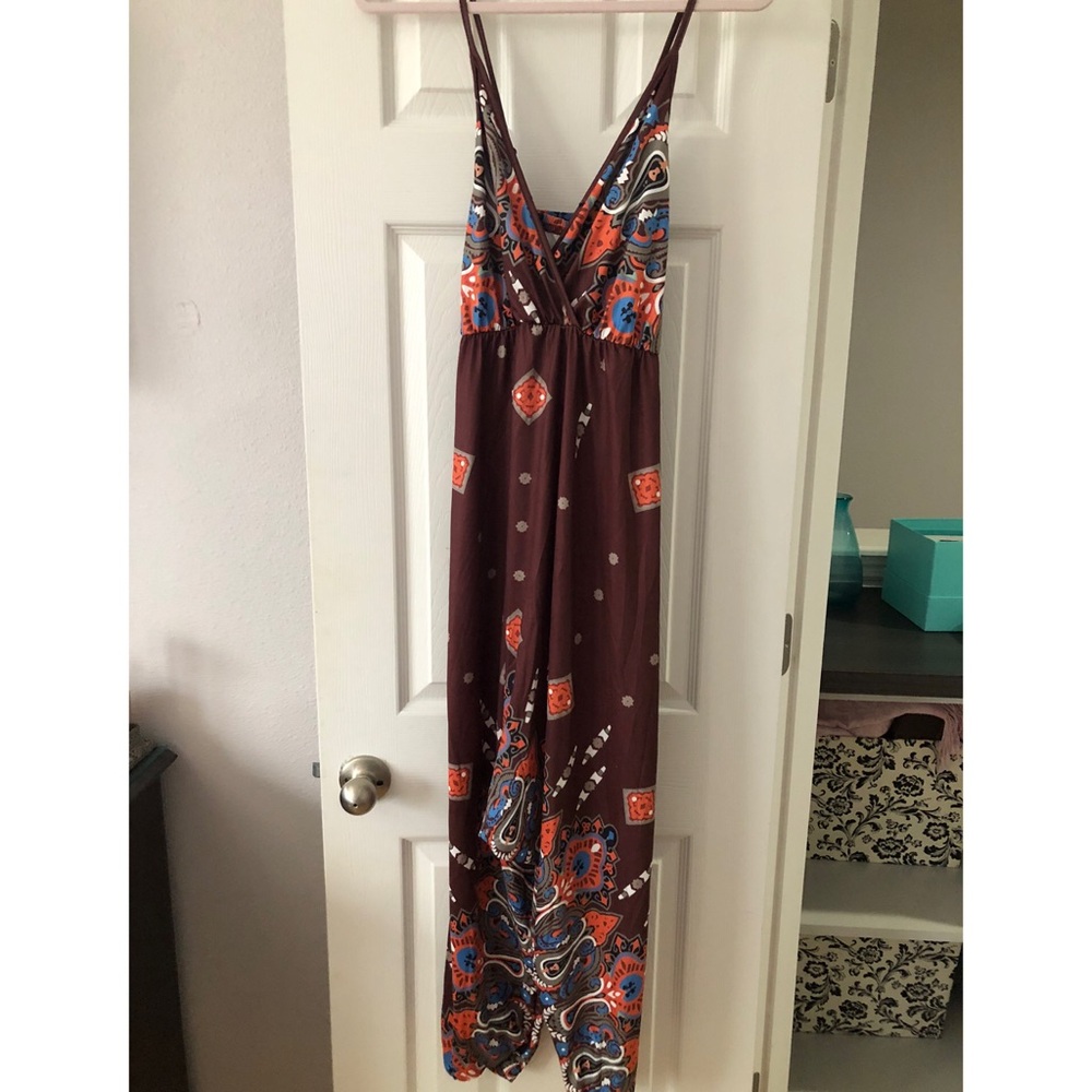 Brown Multi-color Long Harem Parachute Jumpsuit w Halter-Style Top